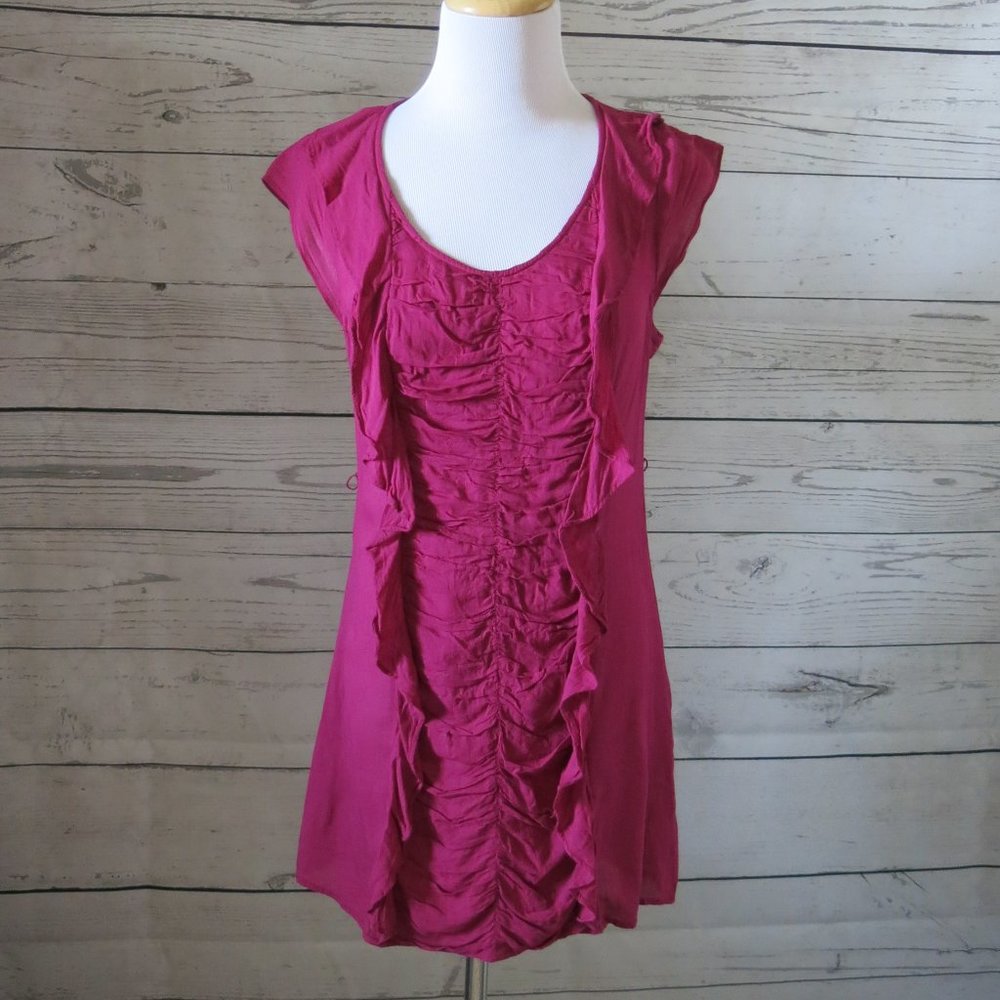 Odille Anthropologie Side Zip Cap Sleeve Ruched Ruffle Mini Dress - Size 2